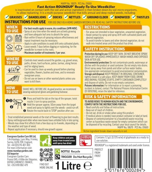 Roundup Fast Action Ready to Use Weedkiller – 1L