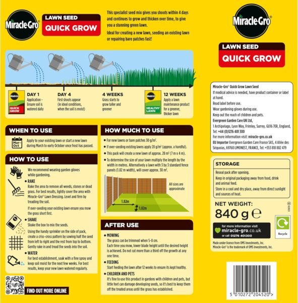 Miracle-Gro Quick Grow Lawn Seed 840g (4) Miracle-Gro Quick Grow Lawn Seed – 28m² (840g)