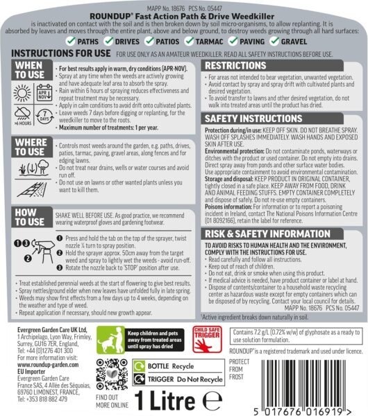Roundup Ready To Use Path & Drive 1L (4) Round up Fast Action Path and Drive Ready To Use Weed killer 1L