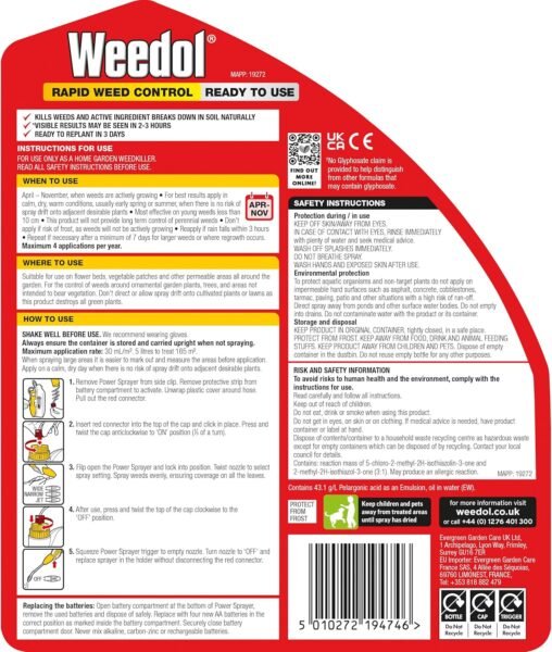 Weedol Rapid Weed Control Ready to Use Weedkiller Power Sprayer – 5 L